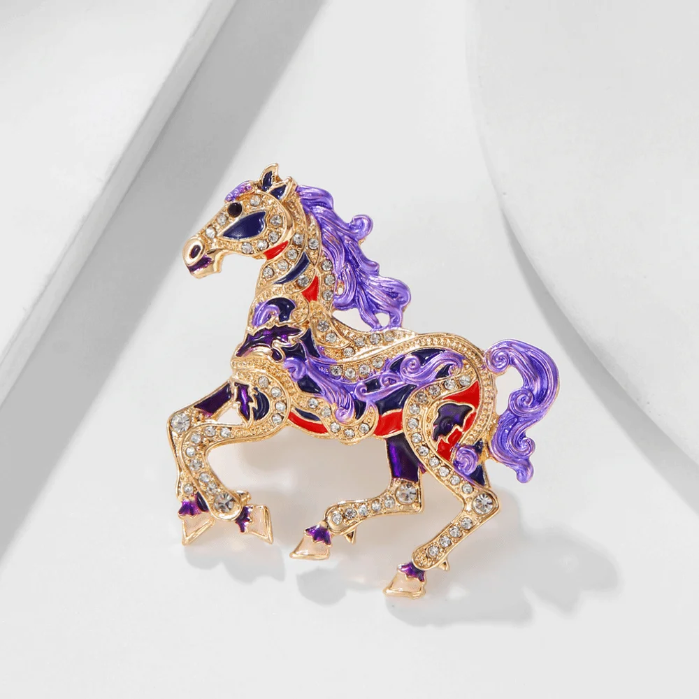 Luxury Enamel Rhinestone Horse Brooch Chinese Style Personality Charm Zodiac Pin Classic Retro Animal Lapel Pins