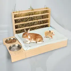 Bunny Hay Manger Wooden Rabbit Hay Feeder with Litter Box Food Dispenser Hay Rack Feeder Pet Supplies Portable for Bunny