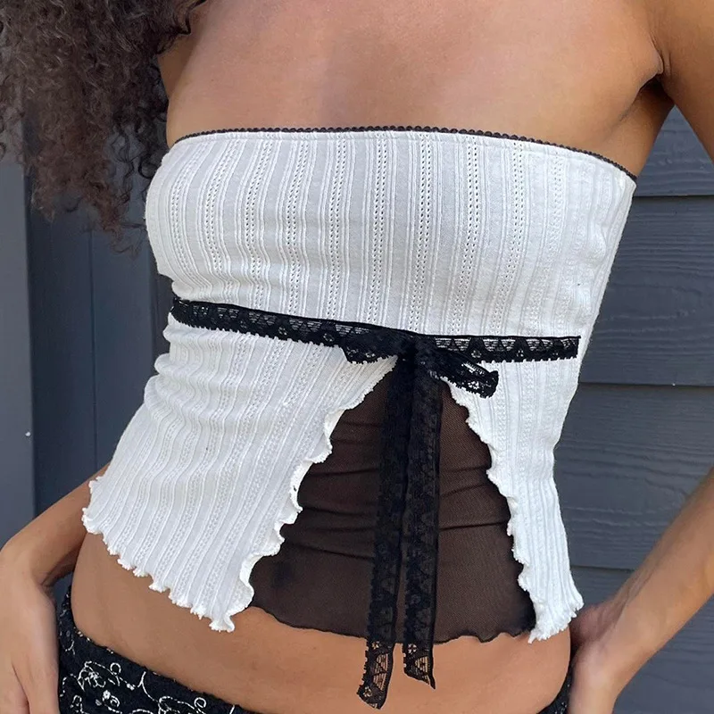 

Pure Color Lace Bow Tube Top Vest, Sexy Sheer Mesh, Slimming Patchwork, Slim Fit, Hot Girl