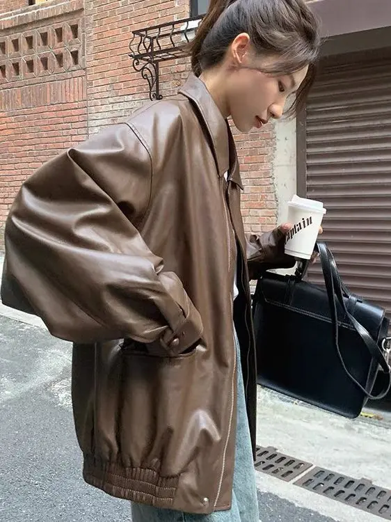 Bruin leren jack Dames retro mode trend motorjas korte jas warm ander materiaal standaard pasvorm