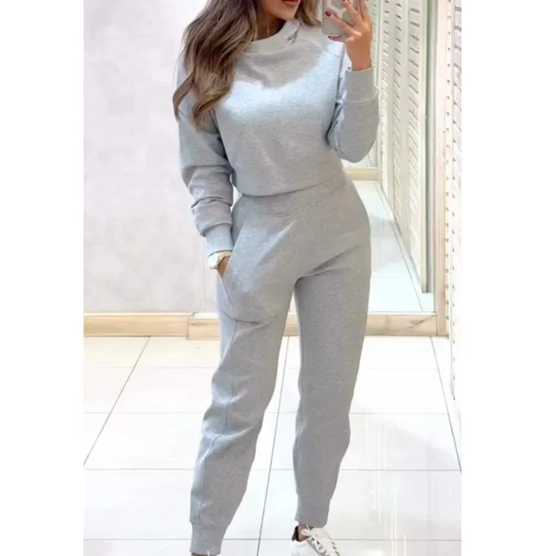 Women Elegant Autumn Solid Color Pants 2-piece Set Fashion Long-sleeved Half Turtleneck Short Top + Nine-point Slim Suit Female
