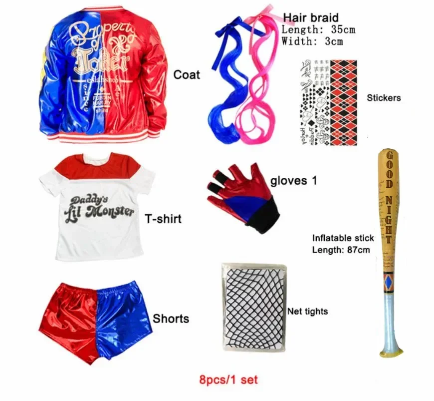 

Halloween 2025 Harley Costumes Cosplay Suicide Quinzel Kids Girls Quinn Squad T Shirt Joker Jacket Halloween Costume