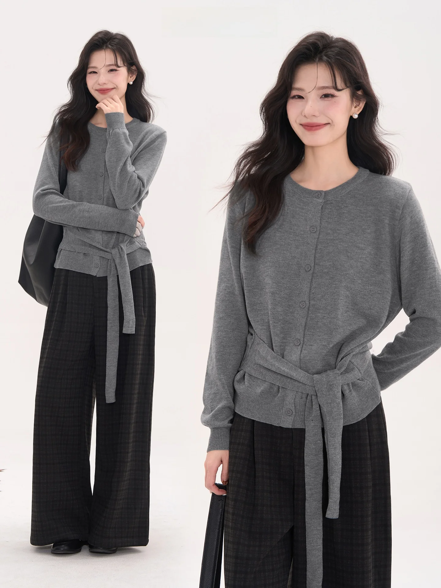 

Casual round Ne Knitted Sweater Women's Spring Elegance Haoyuan White Wave Design Sense Tie Belted Knitwear Loose Fit Long ...