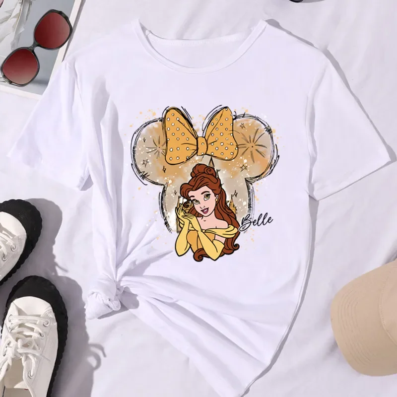 Bawełniana koszulka dziecięca Disney Princess 2024 lato moda z krótkim rękawem grafika Kawaii dziewczynka odzież topowy Tshirt dziecko dziecko