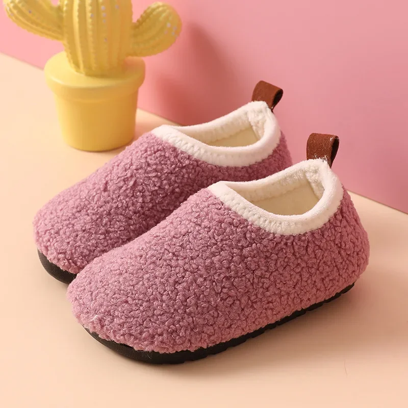 Children Cotton Slippers Solid Warm Kids Winter Home Shoes Boys Girls Plush Floor Shoes Indoor Soft Sole Anti-slip Cotton Shoes