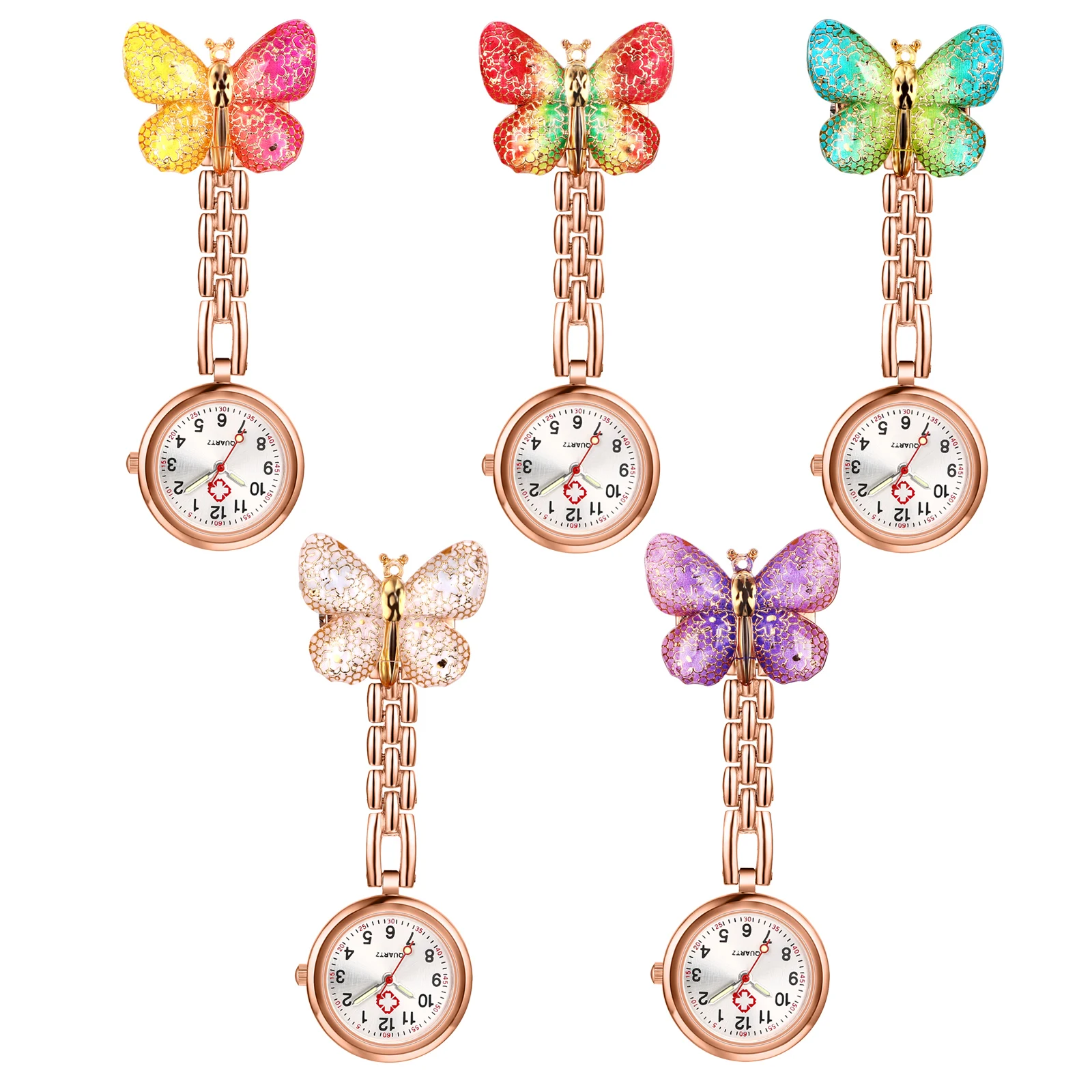 LANCARDO-reloj de bolsillo luminoso para médico y enfermera, colgante de mariposa de cristal, de cuarzo, Fob, Pin, broche