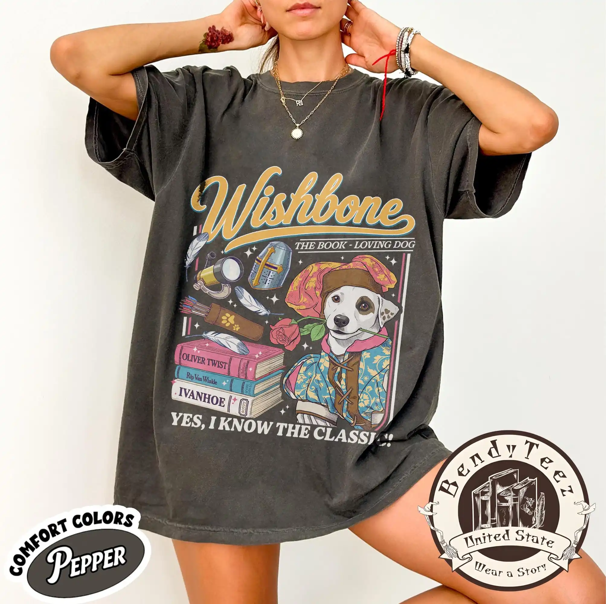 Wishbone Dog Tee Shirt, Book Loving Classic Literature Dog Gift, Humorous 90s Nostalgia T-Shirt, Teacher Present