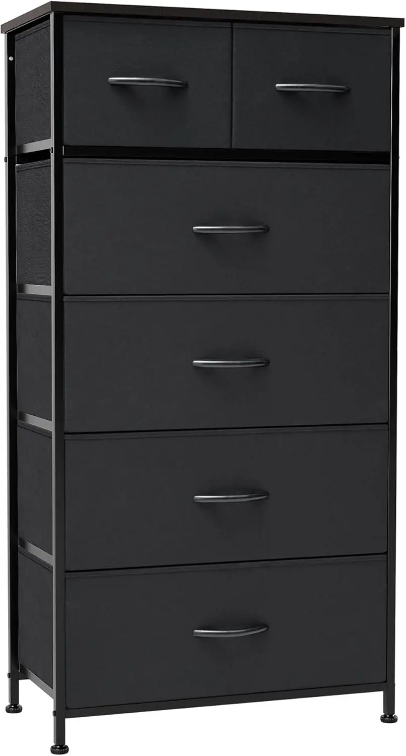 

Vertical Dresser Storage Tower - Sturdy Steel Frame, Wood Top, Easy Pull Fabric Bins - Organizer Unit for Bedroom, Entryway,