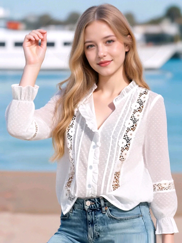 

New Ruffled Stand Collar Crochet Lace Shirt Spring Autumn Sweet Long Sleeve Elegant Blouse Hollow Out Casual Single Breasted Top