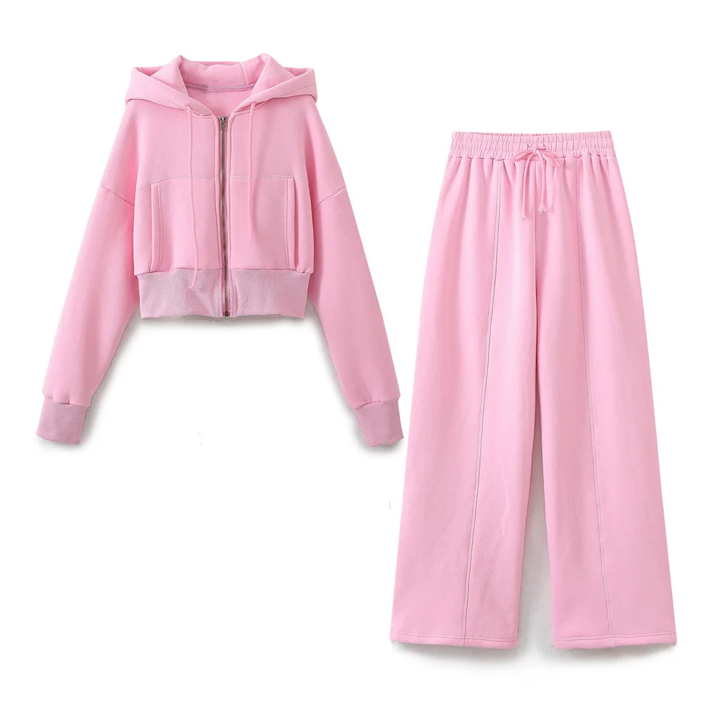 Spring Autumn Female Casual Hoodies Zipper Coats+Elastic Waist Baggy Pants 2 Pieces Set Elegant Loose Solid Pink Grey Pants