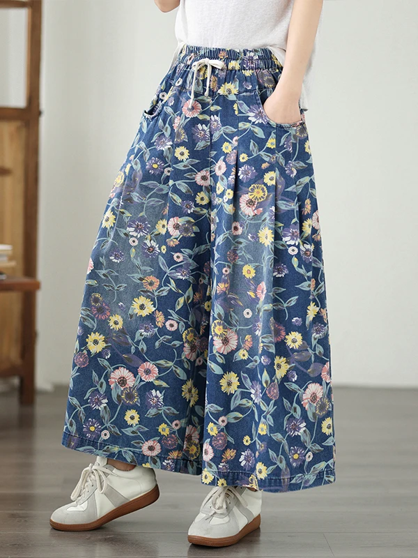 

Свободные джинсы с принтом, повседневные, универсальные, широкие, для женщин, летние, новый стиль, с высокой талией, из тонкого денима, дышащие, приятные к коже, синие