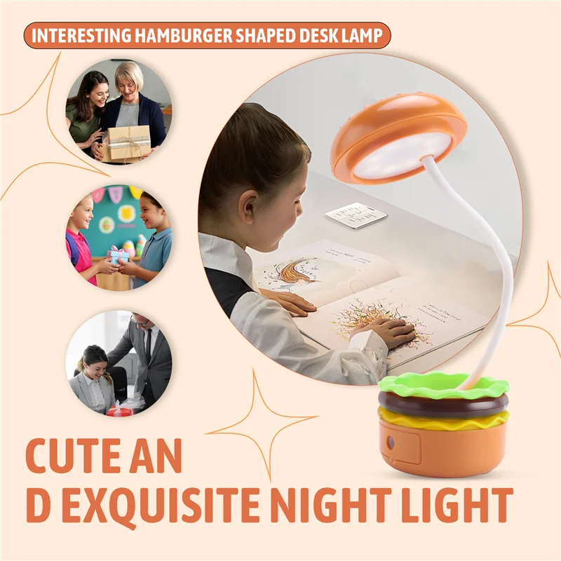 

A07F-Cute Desk Lamp For Kids, Rechargeable Hamburger Small Desk Lamp With Adjustable Neck Touch Switch With Pencil Sharpener