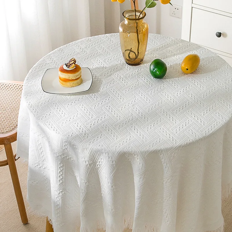 

2024 Desk cotton linen white round table tablecloth with a high-end feel, light luxury square table with tassel edges