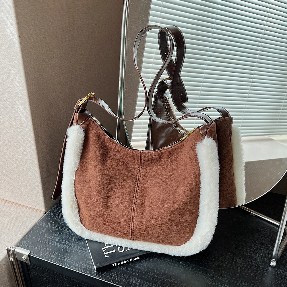 

Замшевая сумка через плечо в стиле ретро из искусственной кожи в стиле пэчворк для женщин, осенне-зимняя повседневная универсальная сумка на одно плечо, повседневные сумки для поездок на работу