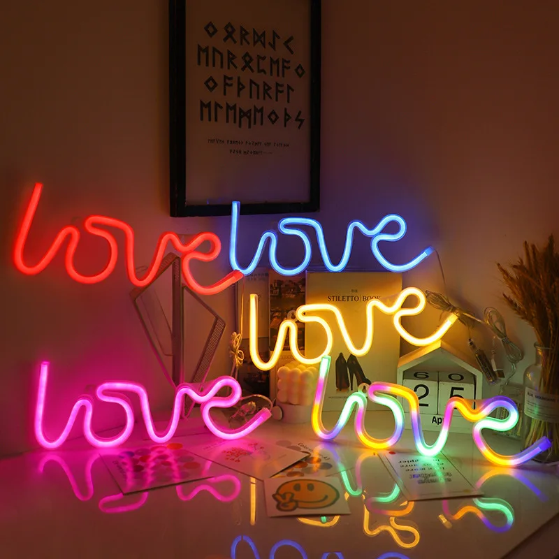 LED Neon Light Wall Sign Love Shape Night Light USB Battery Powered Neon Night Lamp Bedroom Home Decor Valentine\'s Day Gifts