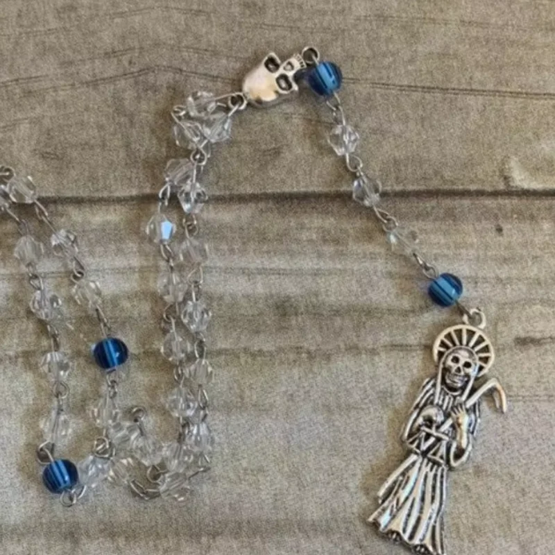 Clear and blue santa muerte rosary, santisima muerte rosary, nuestra senora de la santa muerte, holy death rosary, sacred death