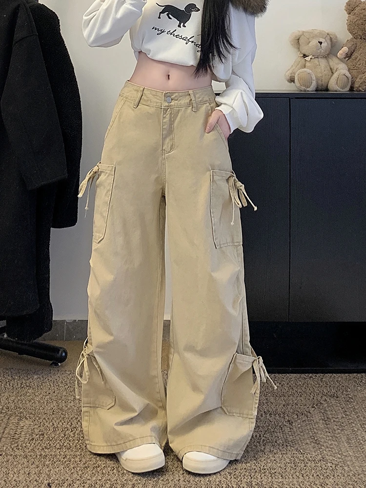 Vintage Casual Cargo Jeans Women Bandage Pockets Y2K Streetwear Denim Pants Loose Casual Harajuku Spring Pure Cotton Trouser New
