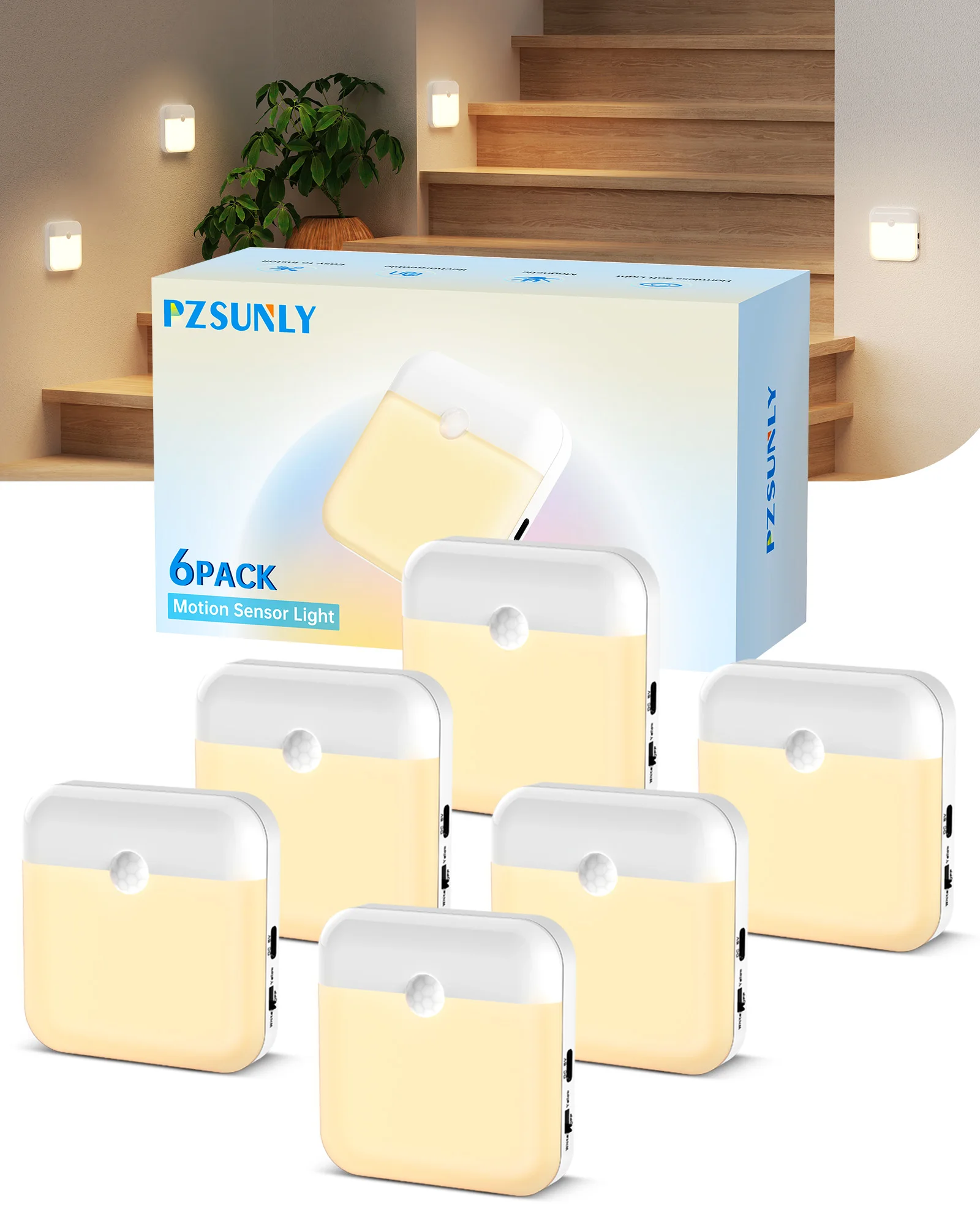 

PZSUNLY 6Pcs Night Light Motion Induction Rechargeable Induction Light Portable for Kitchen Cabinet Wardrobe Corridor Bedroom