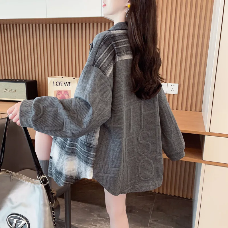 Splicing Shirt Jacket for Women in Spring and Autumn New Korean Style Loose Mid Length Cardigan Retro Casual and Stylish Versa