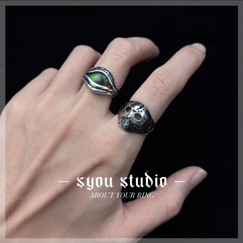 New Oval Green Colour Retro Devil\'s Eye Geometric Stainless Steel Ring Man Punk Rock Neutral Party Women Gift Jewelry Wholesale