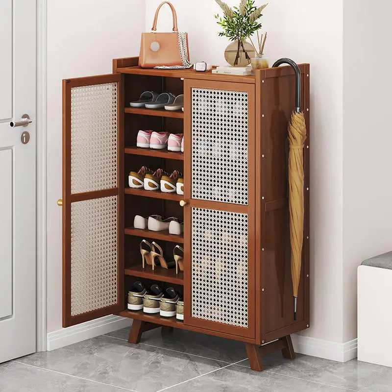 

Solid Wood and Rattan Woven Shoe Cabinet for Home Multi-Layer Shoe Storage Rack at the Entrance Door