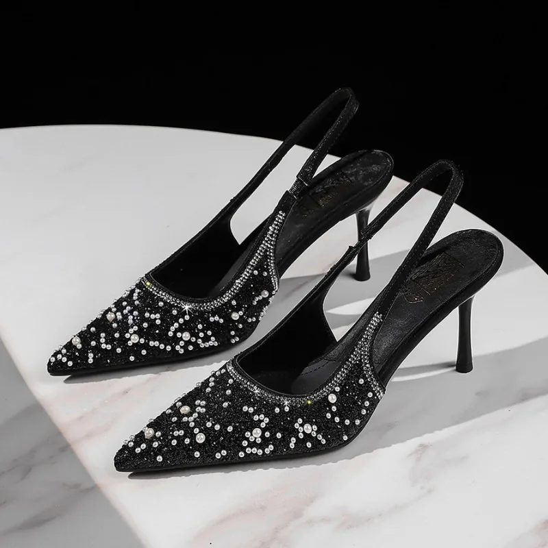 Sequin Shiny Crystal High Heels for Woman Luxury Designer String Bead Pointed Toe Pumps Elegant Slingback Wedding Bridal Shoes