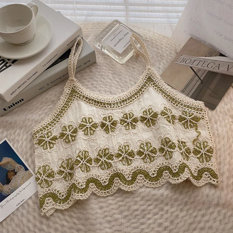 Boring Honey Contrast Color Embroidery Crop Top Korean Style Be All-Match Wavy-Edge Tank Tops Women Round Collar Tops