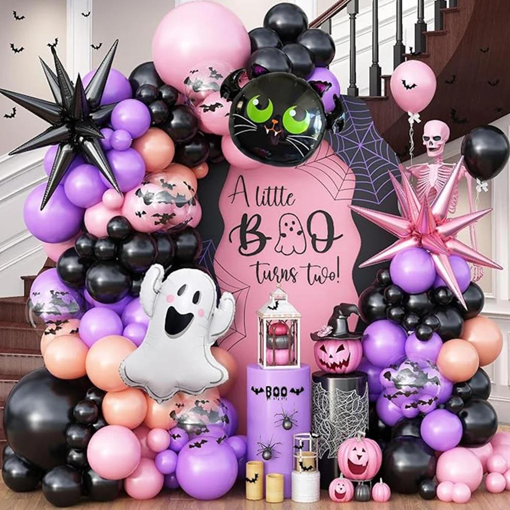 98Pcs Pink Purple Black Halloween Balloon Garland Arch Kit Ghost Starburst Foil Balloons Bachelorette Anniversary Supplies