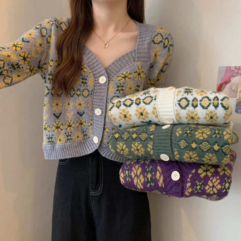 

Retro een Floral ort Knitted Sweater Jaet Women's Spring Autumn New Outerwear Small Size Square Collar Open Cardigan