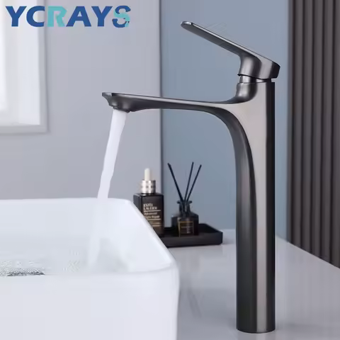 YCRAYS Brass Water Plating Gray Bathroom Sink Faucet Single Handle Brushed Gold Deck Mounted Wash Basin Tap Hot And Cold Mixer
