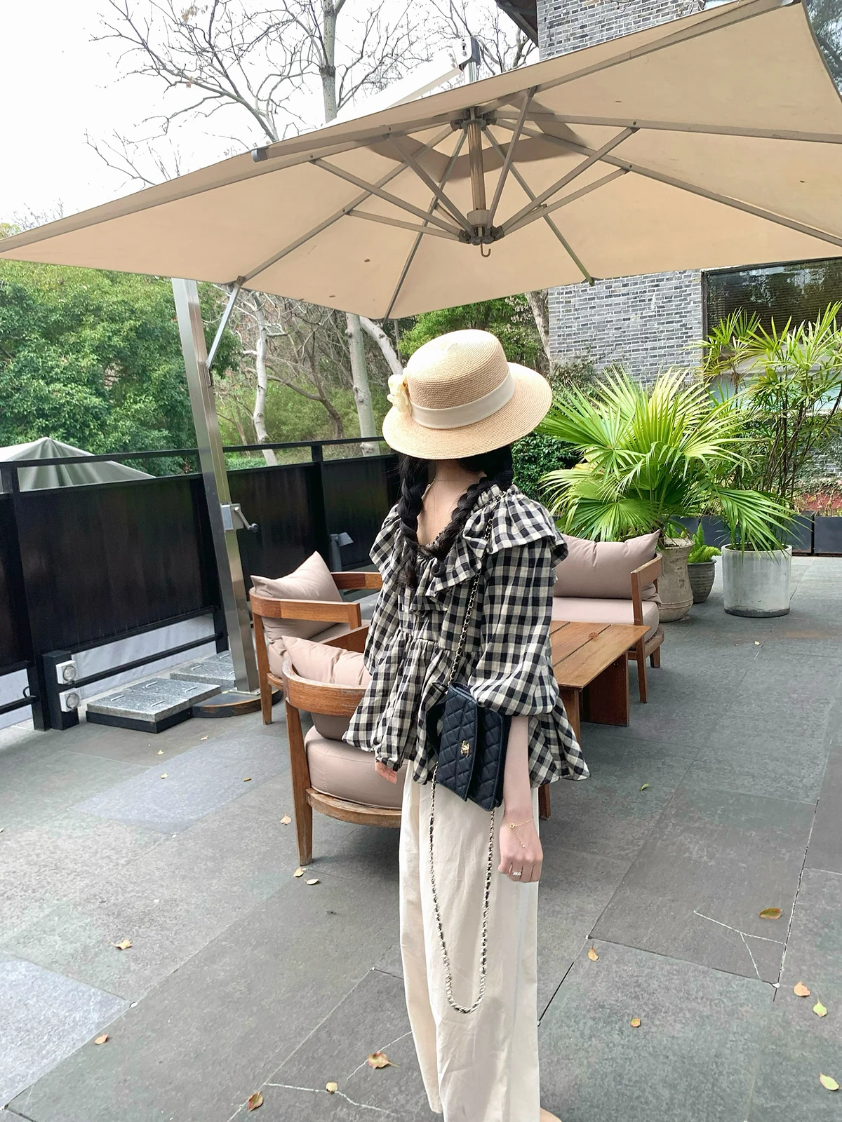 

Pure Cotton Plaid Doll irt Spring Summer 2026 Bla And White Gingham Bubble Sve Girls irt Regular Length Long Sve