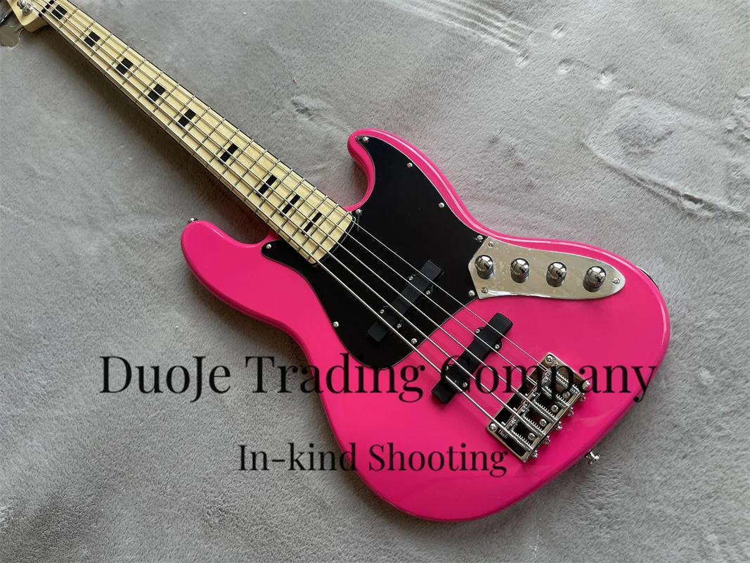 Pink Electric bass 5-string bass Maple neck Basswood body Black guard chrome-plated hardware active battery custom color