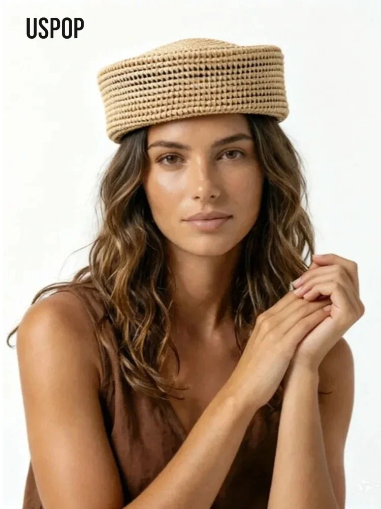 Women Raffia Pillbox Hat Handwoven Hollow Out Round Top Beret British Vintage Elegant Summer Straw Cap
