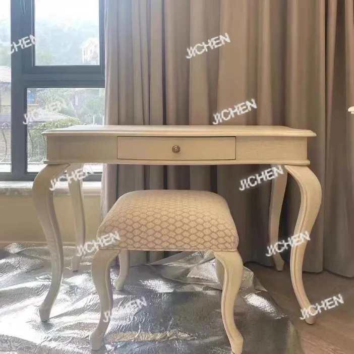 Toaletka w stylu vintage z litego drewna dębowego, biała, z szufladami, biurko do nauki/pracowania.