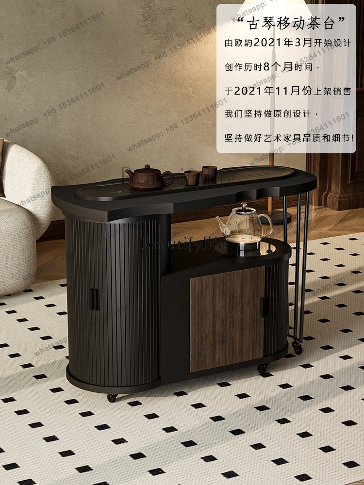 56Solid Wood Mobile Tea Table Household Small Tea Trolley with Wheels Black Stone Automatic Kettle Tea Cabinet
