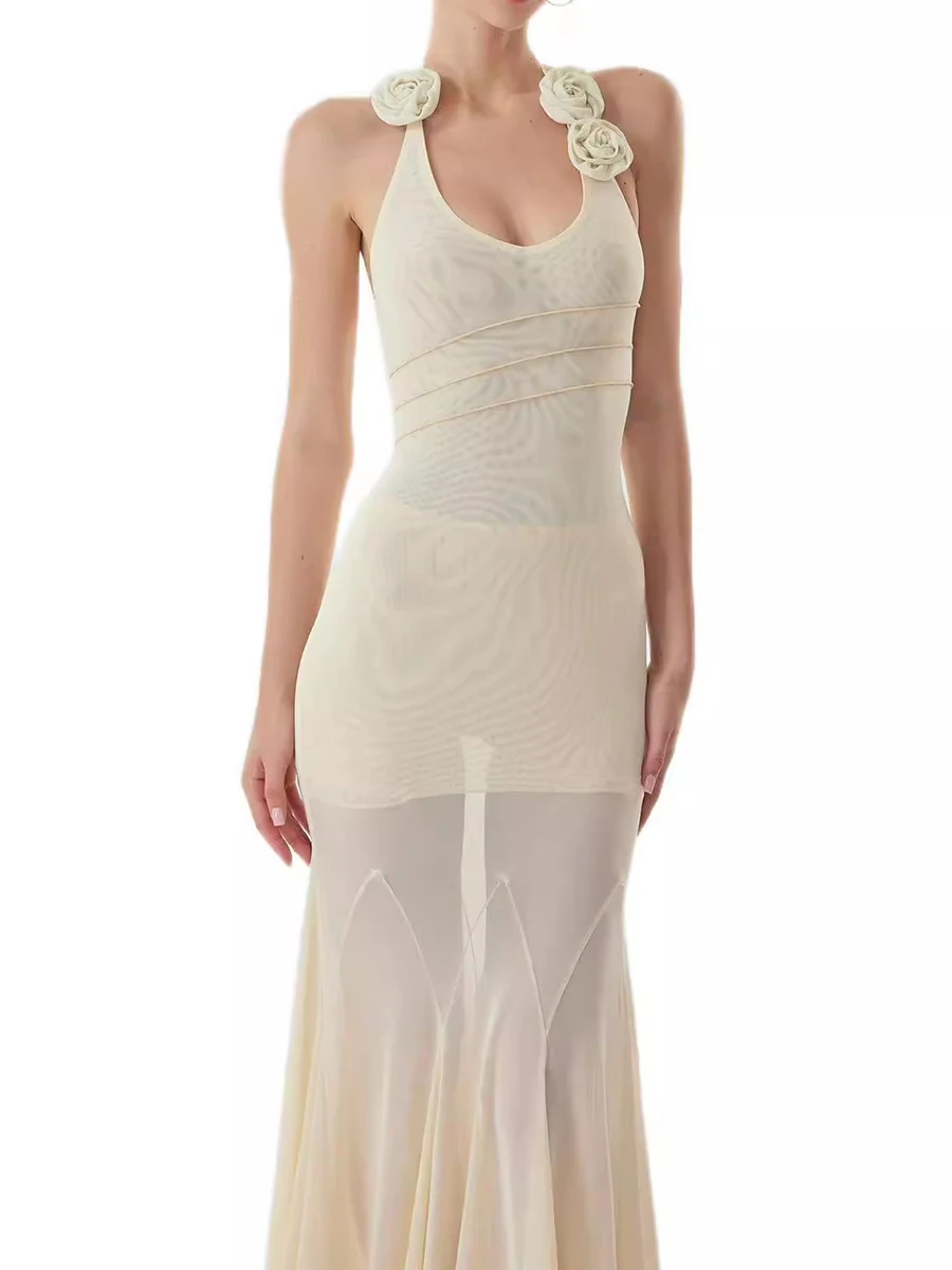 TWOTWINSTYLE minceur pure épissé 3D fleur robes Sexy pour les femmes licou sans manches Patchwork plis mode robe femme nouveau