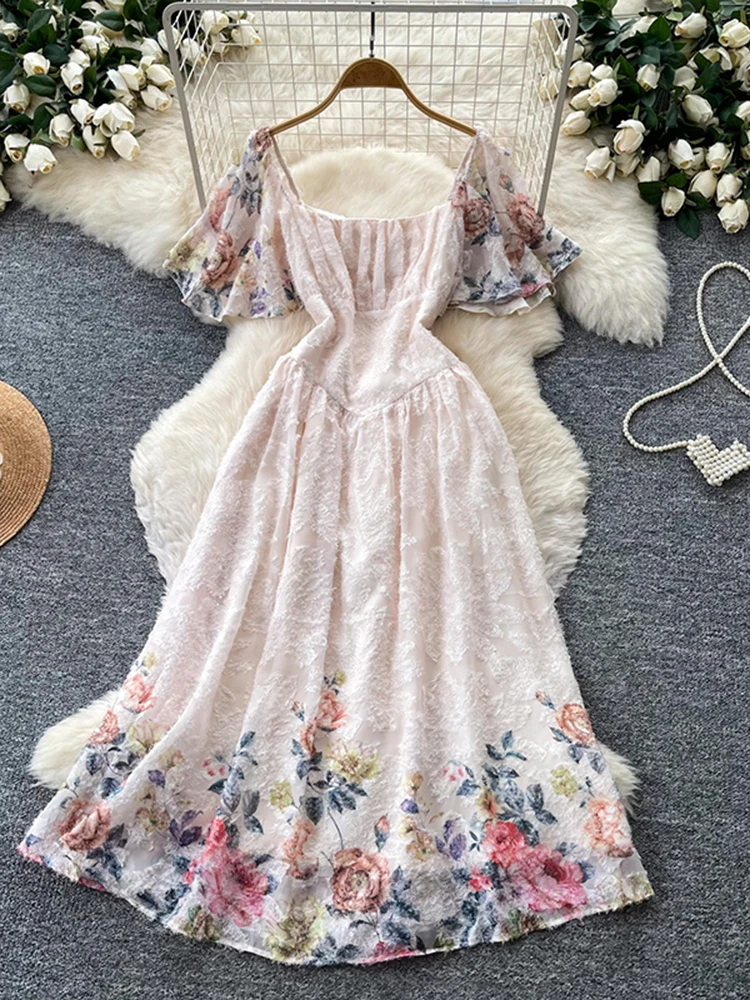 Holiday Printed Sweet Dress for Women\'s Summer New Short Sleeved Square Neck High Waist Slim Fit Large Swing Long Dress S612