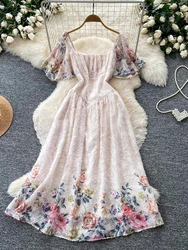 Holiday Printed Sweet Dress for Women's Summer New Short Sleeved Square Neck High Waist Slim Fit Large Swing Long Dress S612