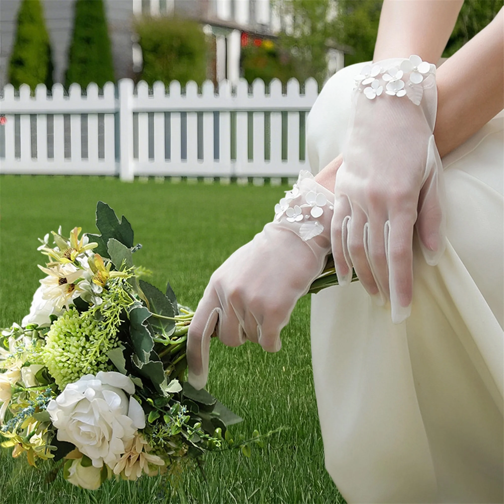

Свадебные кружевные перчатки в винтажном стиле, прозрачные перчатки цвета слоновой кости с цветочной вышивкой для свадебного чаепития, аксессуар