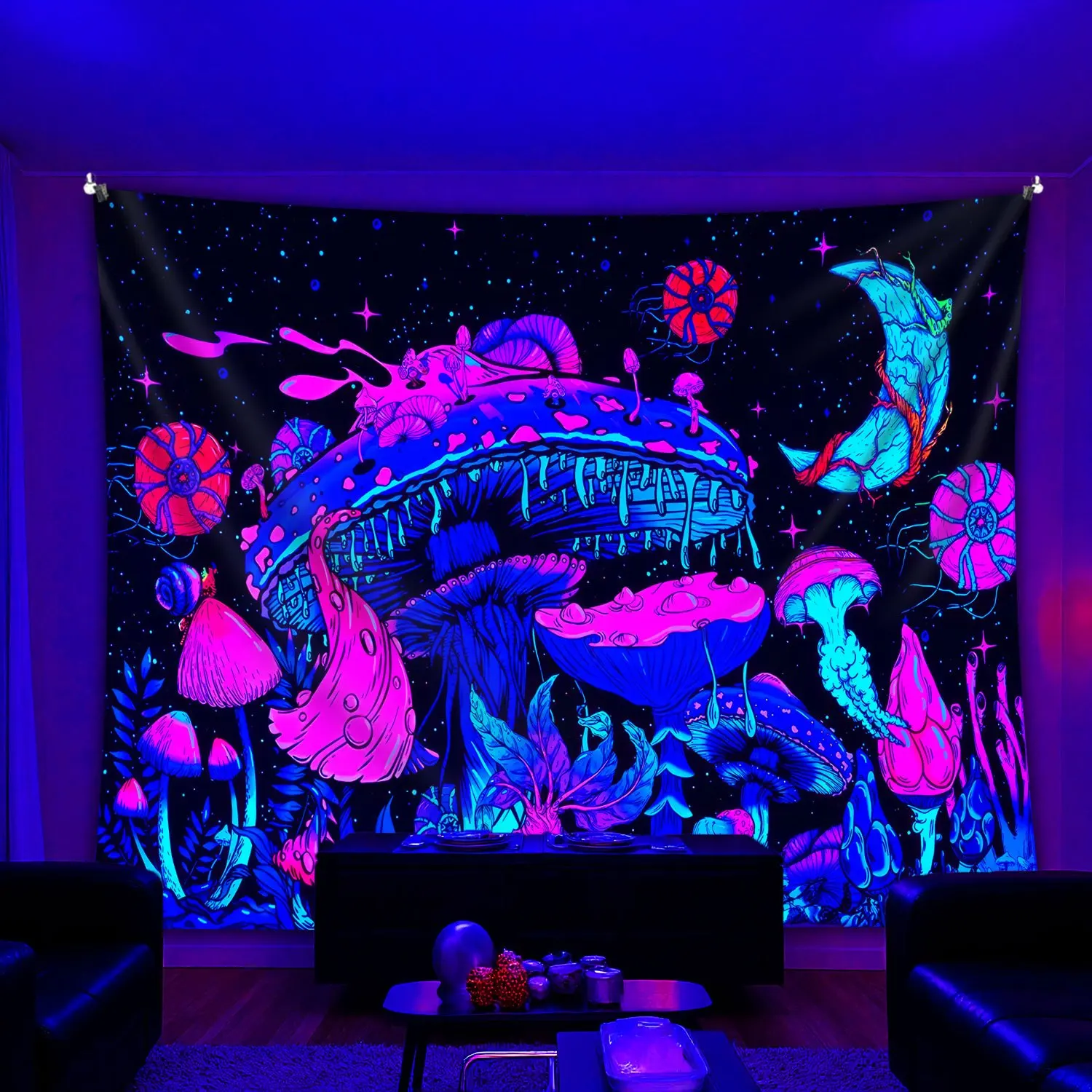 VIKAMA Fluorescent Mushroom Plant Wall Hanging Neon Blue Pink Glow Indoor Decor Bedroom Living Room Tapestry Home Decor