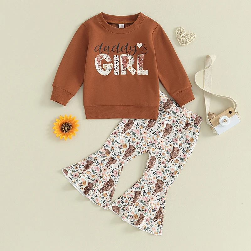 

2023-08-24 Lioraitiin 6M-4Y Toddler Kid Girl Western Clothes Letter Round Neck Long Sleeve Pullover Pattern Flare Pants Outfit