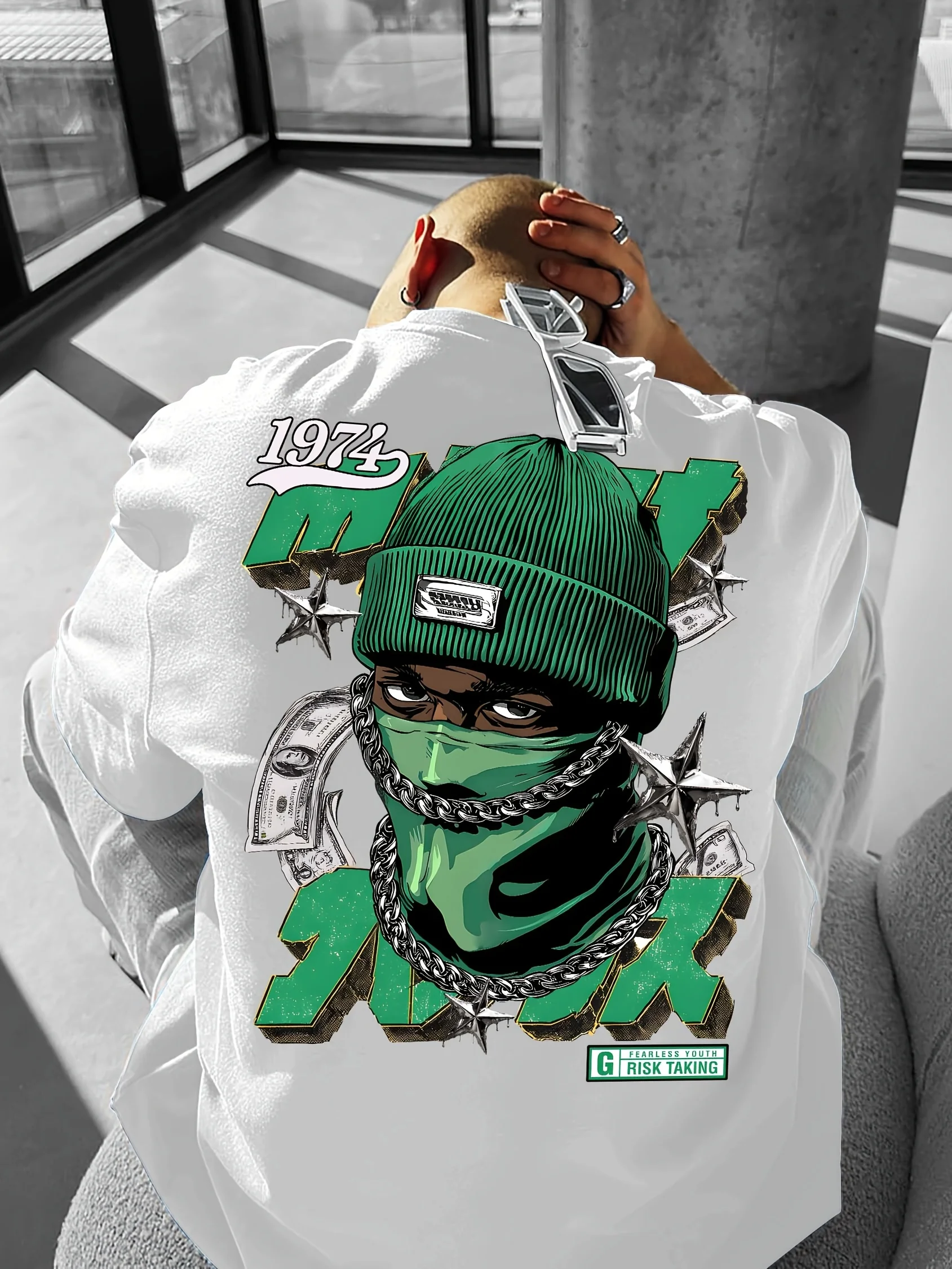 Men's Street Style T-Shirt Lavender Purple Hooded Character Money Bag and Chain Design, Urban Hip Hop Concert Party Apparel