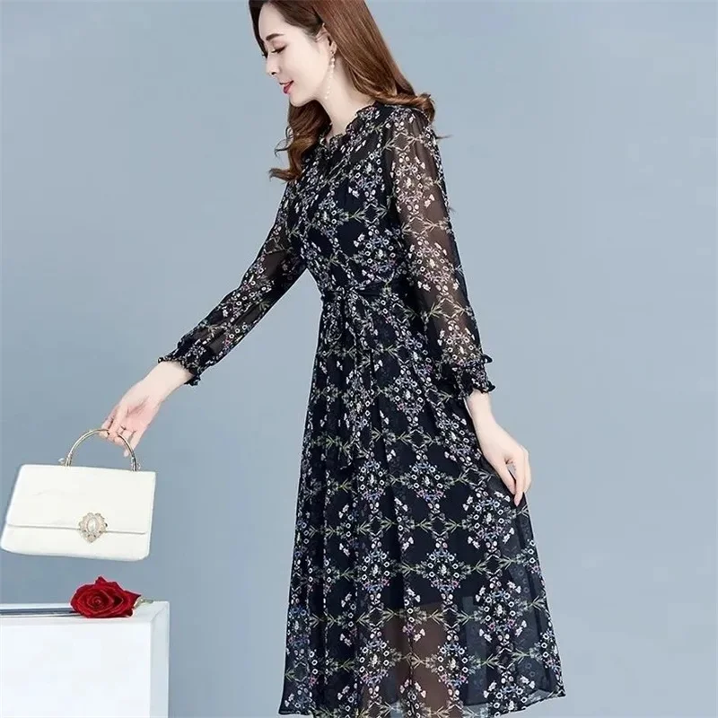 Floral Chiffon Dress Women's Autumn 2022 New Fashion Spring and Autumn Temperament Mid-Length High-Waisted Over-The-Knee Skirt