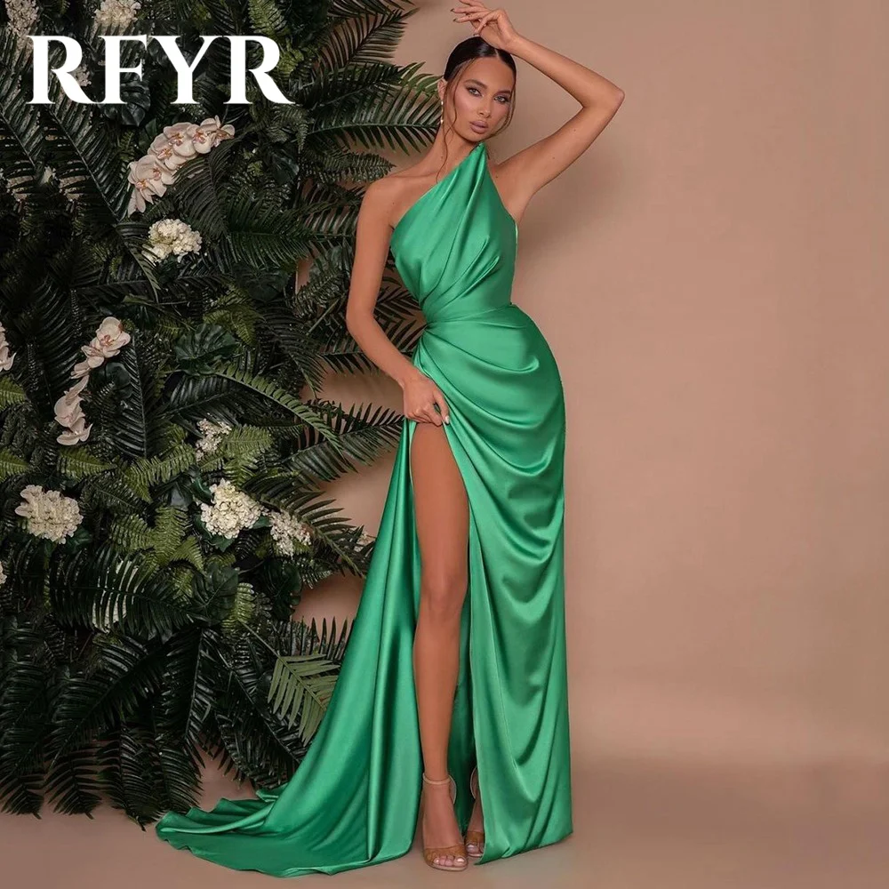 

RFYR One Shoulder Green Formal Dresses Women Mermaid Sexy Party Dress For Wedding Pleat Special Occasion Dresses robe soirée