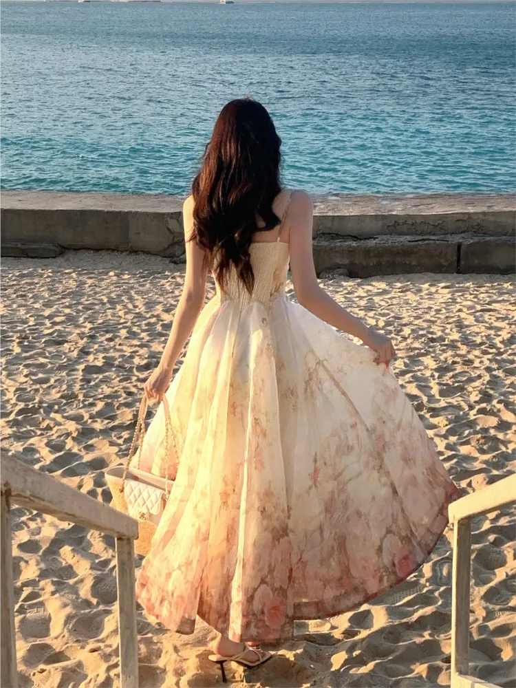 Floral halter sleeveless seaside vacation dress