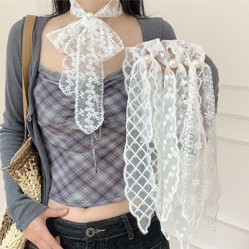 

French Lace Skinny Scarf for Women with Pearl Buckle Sheer Mesh Neckerchief Multi-use Hair Scarf Bag Wrap for Bridal Gift