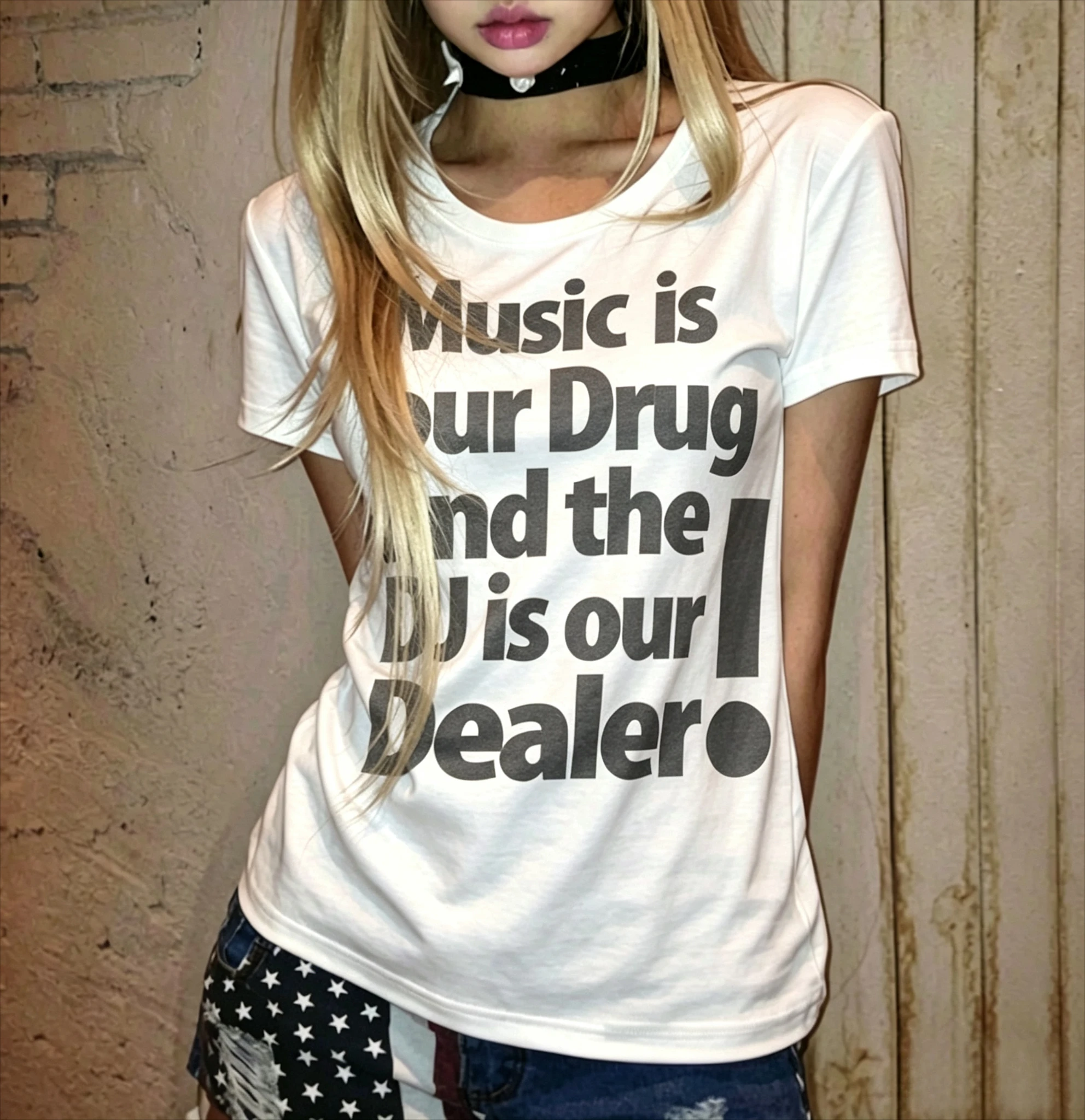 Music Is Our Drug DJ Is Our Dealer Fun English Street Style Cotton T-shirt Summer Trendy Niche Tops Men's Women's Streetwear