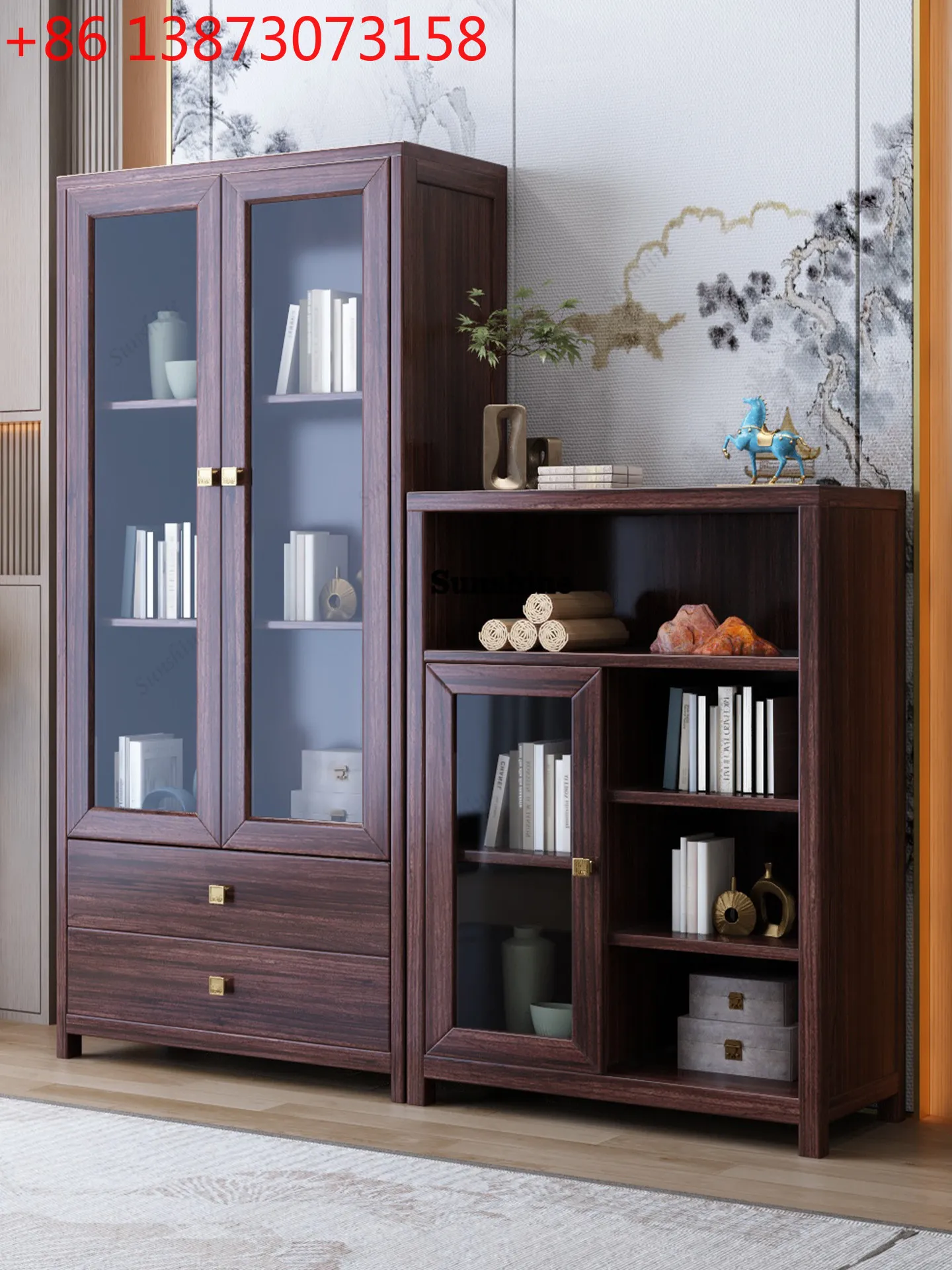 TS  New Chinese style, solid wood bookcase two doors free combination study glass door display cabinet