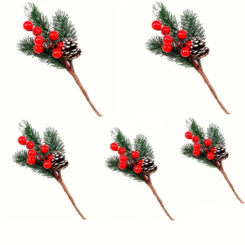Ein Set aus 5 realistischen künstlichen Winterbeeren und Tannenzweigen für saisonale Weihnachtsdekoration. – Detail 6