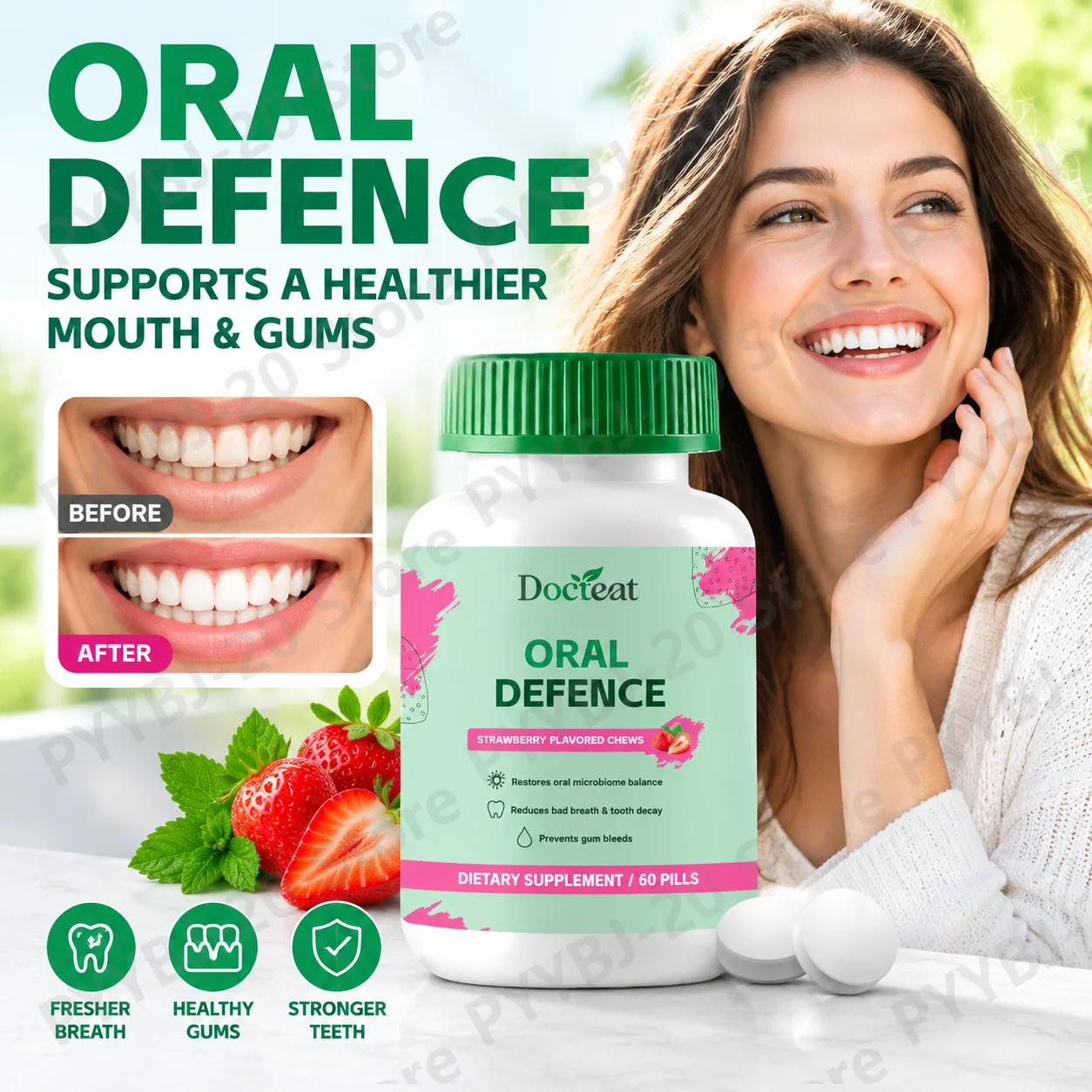 Docteat Oral Defence Chewable Tablets with Microcrystalline Hydroxyapatite and Xylitol, Enamel & Oral Flora Balance, 60 Pills